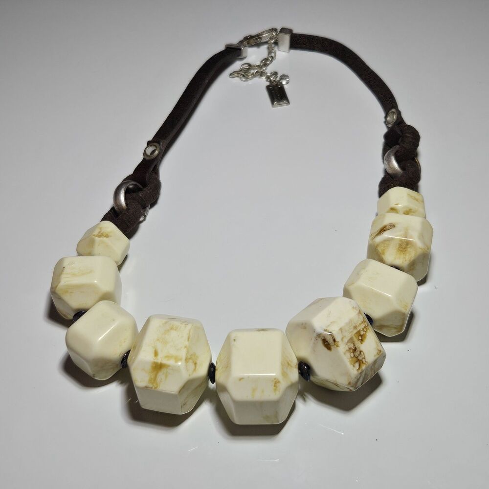 Kenneth Cole Silver Tone Brown Leather Cream Chunky Beaded Necklace 18.5-21.5"